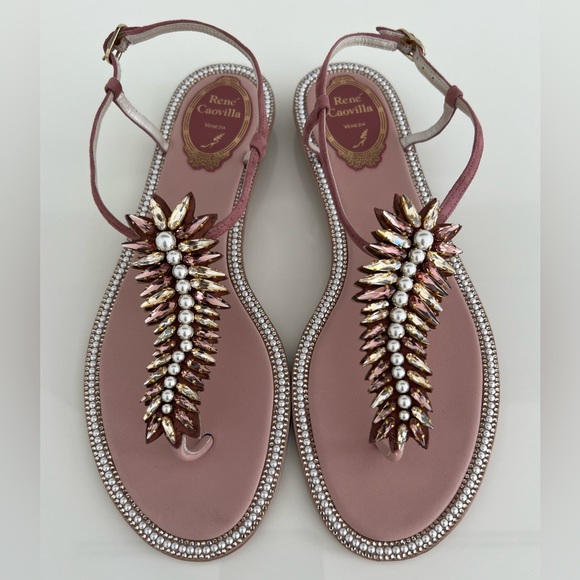 RENE CAOVILLA BLUSH CRYSTAL PEARL EMBELLISHED SANDALS SIZE IT 38.5 / US 8.5 NEW! - Picture 4 of 17
